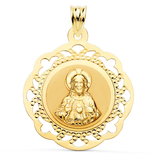 [PP5016-828] 18K ESCAPULARIO VIRGEN DEL CARMEN Y CORAZON DE JESUS CALADO BRILLO 31 X 27 MM