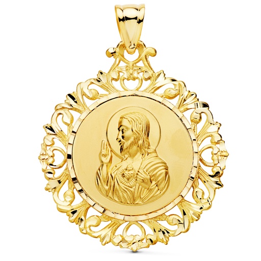[PP5059-340] 18K MEDALLA ESCAPULARIO CERCO CORAZON DE JESUS Y V CARMEN 45X40 MM