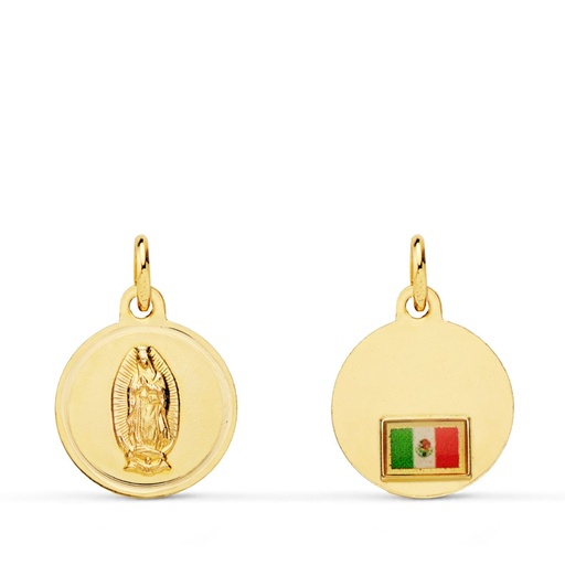 [PP6068-114] 18K MEDALLA ORO AMARILLO VIRGEN DE GUADALUPE CON BANDERA EN BISEL 14 MM