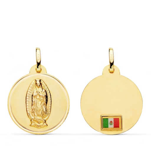 [PP6068-120] 18K MEDALLA ORO AMARILLO VIRGEN DE GUADALUPE CON BANDERA EN BISEL 20 MM