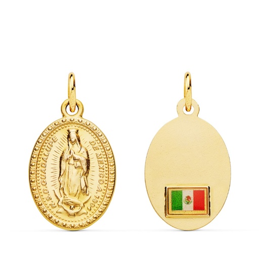 [PP6069-18] 18K MEDALLA ORO AMARILLO VIRGEN GUADALUPE OVAL CON BANDERA 18X14 MM