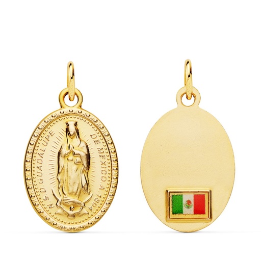 [PP6069-20] 18K MEDALLA ORO AMARILLO VIRGEN GUADALUPE OVAL CON BANDERA 20X15 MM