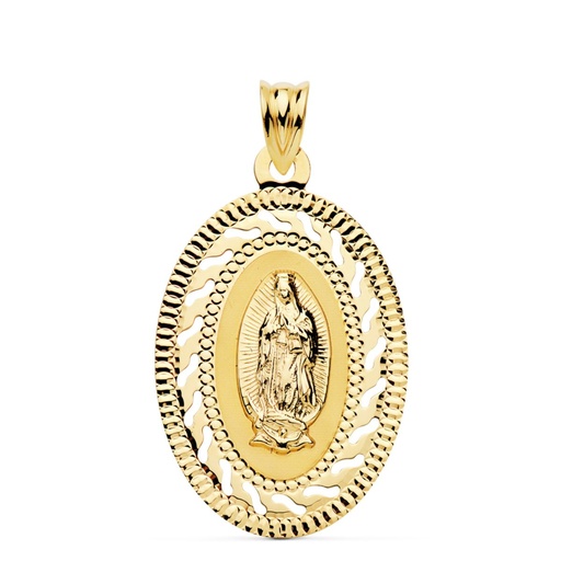 [PP6085-30] 18K MEDALLA ORO AMARILLO VIRGEN GUADALUPE CERCO CALADO Y TALLADO. 34 X 22 MM