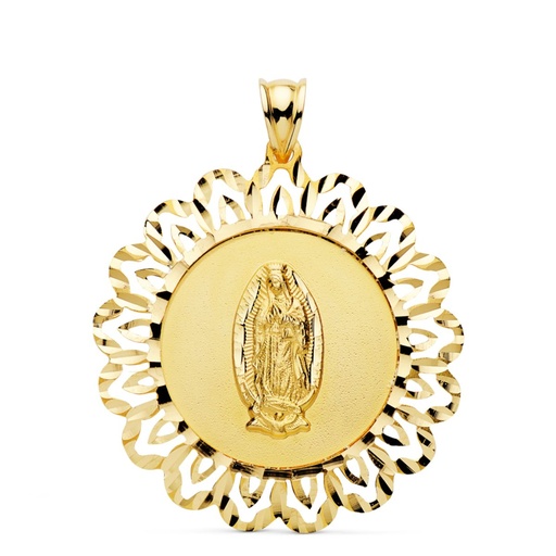 [PP6095] 18K MEDALLA ORO AMARILLO VIRGEN GUADALUPE CERCO TALLADO 37X34 MM