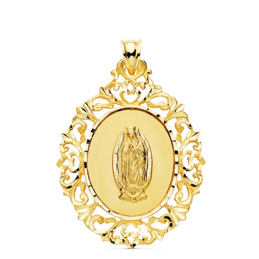 [PP6097] 18K MEDALLA ORO AMARILLO VIRGEN GUADALUPE CERCO FILIGRANA 39X30 MM