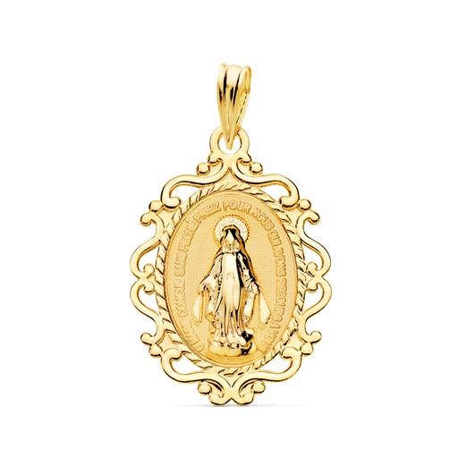 [PP6280-823F] 18K MEDALLA VIRGEN MILAGROSA CERCO FILIGRANA EN BRILLO FRANCES 23 X 16 MM