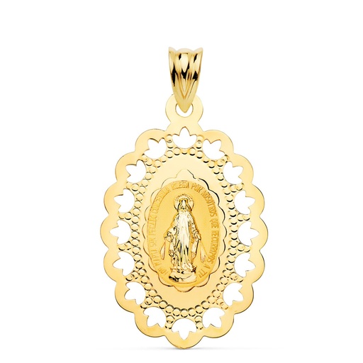 [PP6282-30] 18K MEDALLA VIRGEN MILAGROSA CERCO CALADO 34 X 22 MM