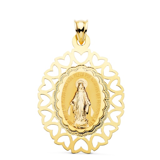 [PP6286-40] 18K MEDALLA VIRGEN MILAGROSA OVAL CERCO CORAZONES. 40 X 33 MM