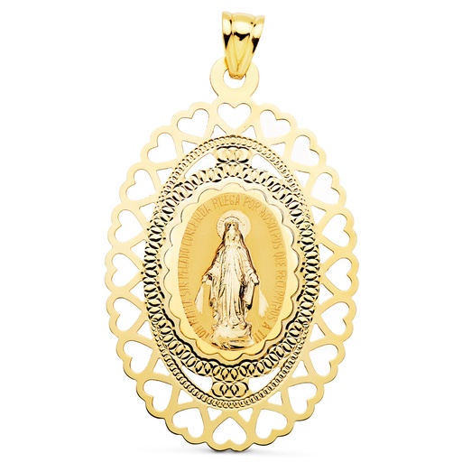 [PP6287-50] 18K MEDALLA VIRGEN MILAGROSA OVAL CERCO CORAZONES. 50 X 35 MM