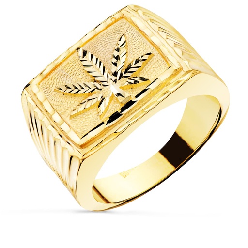 [PP701] 18K SELLO ORO AMARILLO HOJA MARIHUNA TALLADA GALLONES 25X17 MM