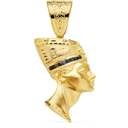 [PP7321-AZ] 18K COLGANTE ESFINGE NEFERTITI GIGANTE CON CIRCONITAS AZULES. 50X35 MM
