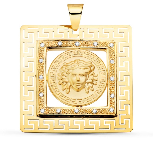 [PP7340] 18K COLGANTE ORO AMARILLO CUADRADO MEDUSA Y GRECAS CON CIRCONITAS 37X37 MM