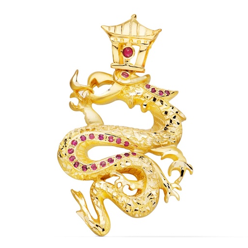 [PP7354] 18K COLGANTE ORO AMARILLO DRAGON CON CIRCONITAS ROJAS. 43X35 MM