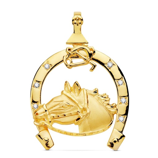 [PP7487] 18K COLGANTE HERRADURA CIRCONITAS CON CABALLO 42X39 MM