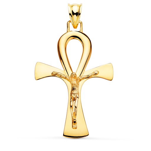 [PP7665-035] 18K CRUZ DE LA VIDA ORO AMARILLO CON CRISTO EN BRILLO 36 X 23 MM