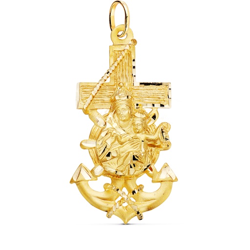 [PP7684-345] 18K CRUZ MARINERA ORO AMARILLO VIRGEN DEL CARMEN TALLADA 47X25 MM