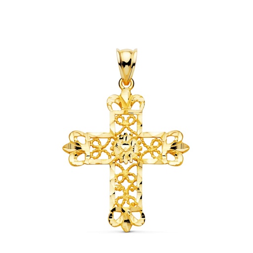 [PP7697-130] 18K CRUZ ORO AMARILLO FILIGRANA BORDES TALLADOS. 35X29 MM