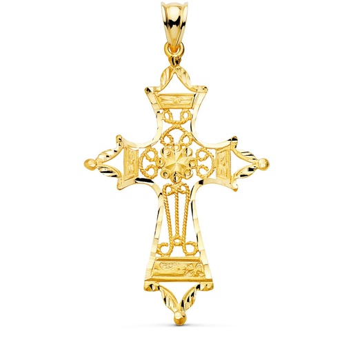 [PP7699-140] 18K CRUZ ORO AMARILLO FILIGRANA BORDES TALLADOS. 46X30 MM