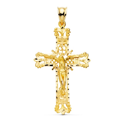 [PP7700-040] 18K CRUZ ORO AMARILLO FILIGRANA CON CRISTO TALLADA 42X27 MM