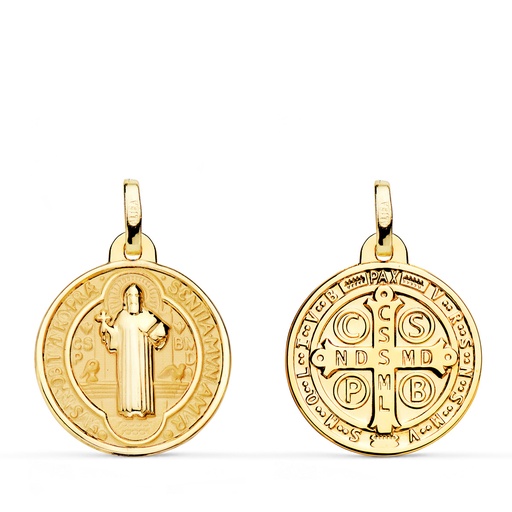 [PP8098-818] 18K MEDALLA ESCAPULARIO SAN BENITO MONJE BRILLO Y FONDO MATIZADO 18 MM