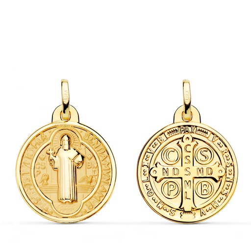[PP8098-820] 18K MEDALLA ESCAPULARIO SAN BENITO MONJE BRILLO Y FONDO MATIZADO 20 MM
