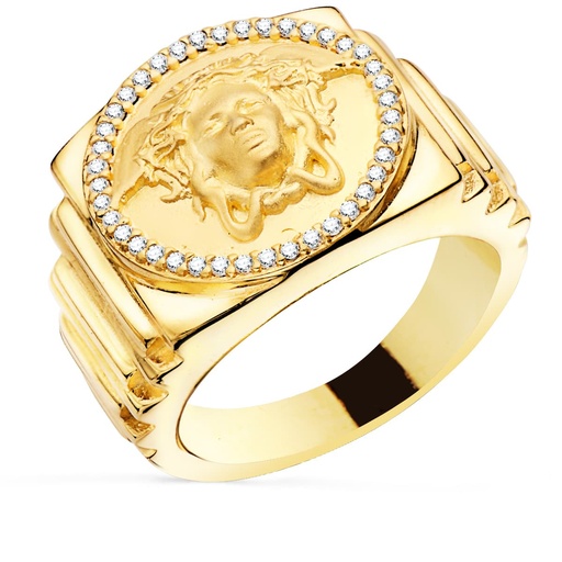 [PP90006] 18K SELLO ORO AMARILLO MEDUSA CON CIRCONITAS LATERAL ESCALONADO ANCHO 19 MM