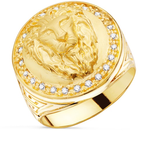 [PP90010] 18K SELLO ORO AMARILLO LEON CON CIRCONITAS LATERAL GRECA ANCHO 19 MM