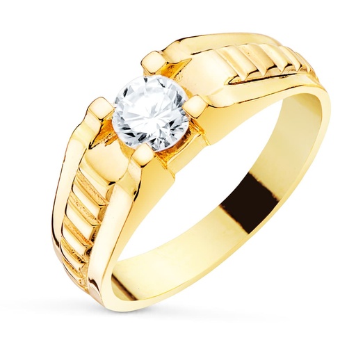 [PP904026] 18K SOLITARIO ORO AMARILLO ESTRIAS CABALLERO CIRCONITA 5.5 MM