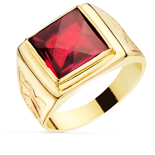 [PP905701-RO] 18K SELLO CUADRADO ORO MACIZO CON PIEDRA SPINEL RUBI TALLA DAMERO 12X12 MM