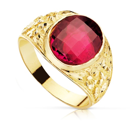 [PP905702-RO] 18K SELLO CABALLERO TALLADO ORO MACIZO PIEDRA SPINEL RUBI OVAL DAMERO 12 X10 MM
