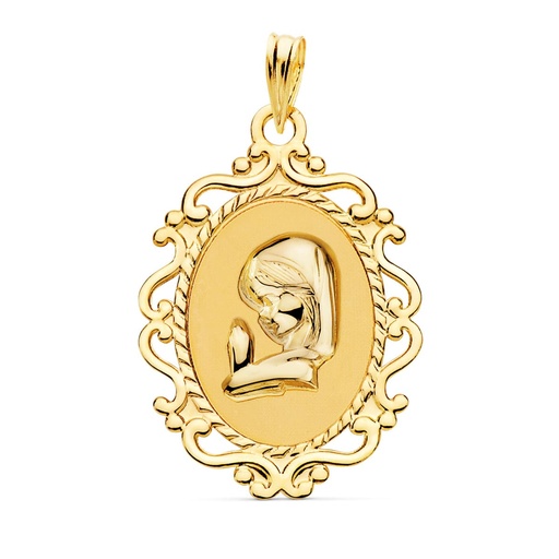 [PP9107-824] 18K MEDALLA VIRGEN NIÑA CERCO CALADO BRILLO 27X21 MM