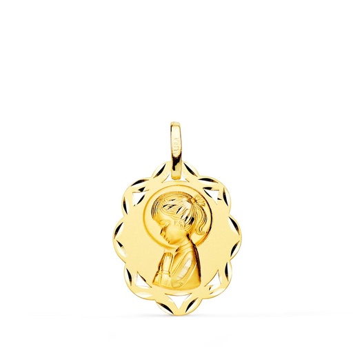 [PP9129-323] 18K MEDALLA ORO AMARILLO HOJAS VIRGEN NIÑA PERFIL MATIZADA Y TALLADA 20X16 MM