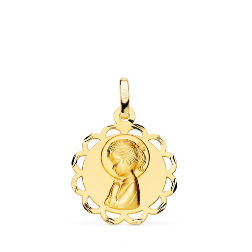 [PP9132-319] 18K MEDALLA ORO AMARILLO PANDERETA VIRGEN NIÑA PERFIL MATIZADA Y CALADA 19 MM