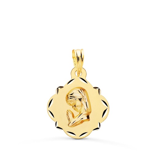 [PP9133-316] 18K MEDALLA ORO AMARILLO VIRGEN NIÑA PERFIL PANDERETA TALLADA 19X16 MM