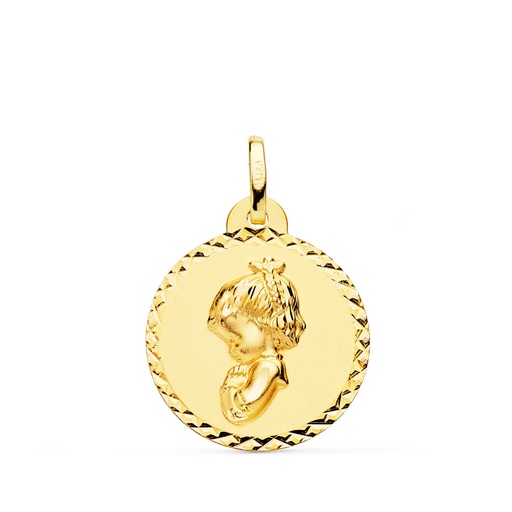 [PP9195-920] 18K MEDALLA ORO AMARILLO VIRGEN NIÑA REZANDO TALLA CRUZADA 20 MM