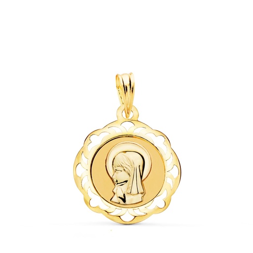 [PP9256-V132] 18K MEDALLA VIRGEN NIÑA CERCO CALADO EN BRILLO 20X18 MM