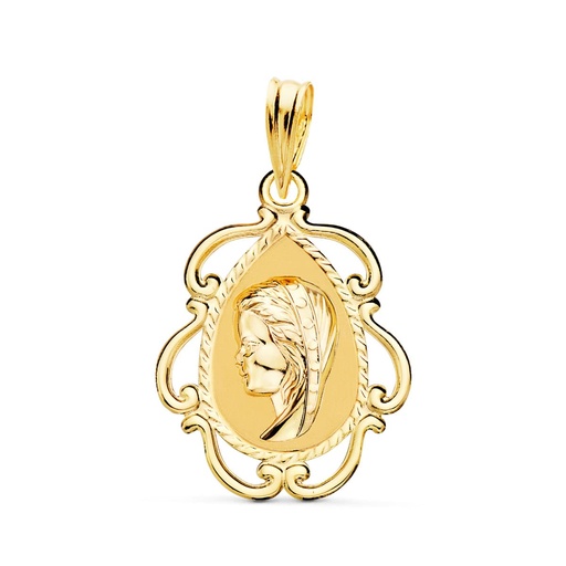 [PP9257-CAB] 18K MEDALLA VIRGEN NIÑA CERCO CALADO EN BRILLO . 22 X 16 MM
