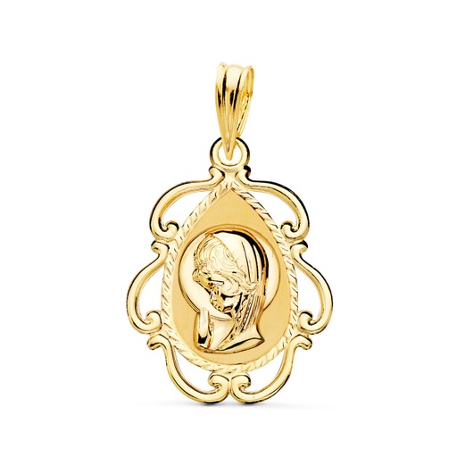 [PP9257-VN23] 18K MEDALLA VIRGEN NIÑA CERCO CALADO EN BRILLO . 22 X 16 MM