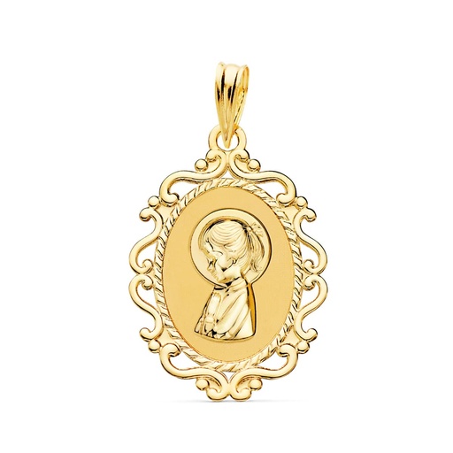 [PP9259-VN22] 18K MEDALLA VIRGEN NIÑA PERFIL CERCO CALADO BRILLO 23X16 MM