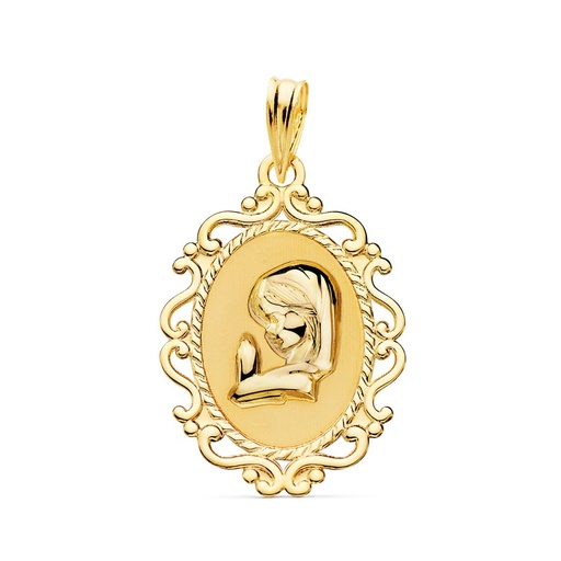 [PP9259-VN8] 18K MEDALLA VIRGEN NIÑA PERFIL CERCO CALADO BRILLO. 23 X 16 MM