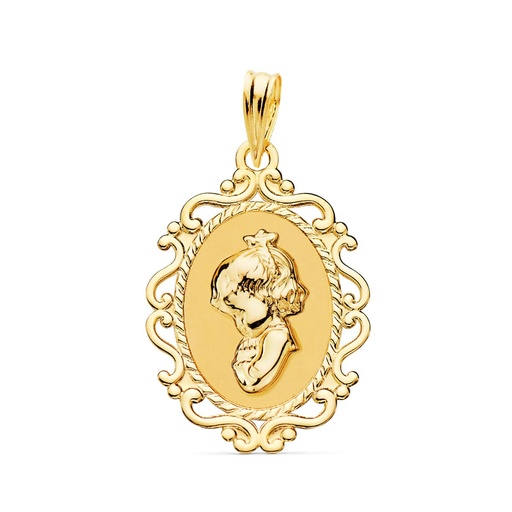 [PP9259-VNR] 18K MEDALLA VIRGEN NIÑA PERFIL CERCO CALADO BRILLO. 23 X 16 MM