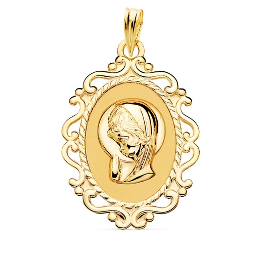 [PP9260-VN23] 18K MEDALLA VIRGEN NIÑA CERCO CALADO EN BRILLO 31X21 MM