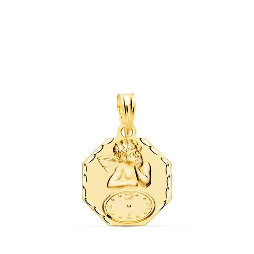 [PP9289-317] 18K MEDALLA OCTOGONAL ANGELITO BURLON CON RELOJ TALLADA 15X15 MM