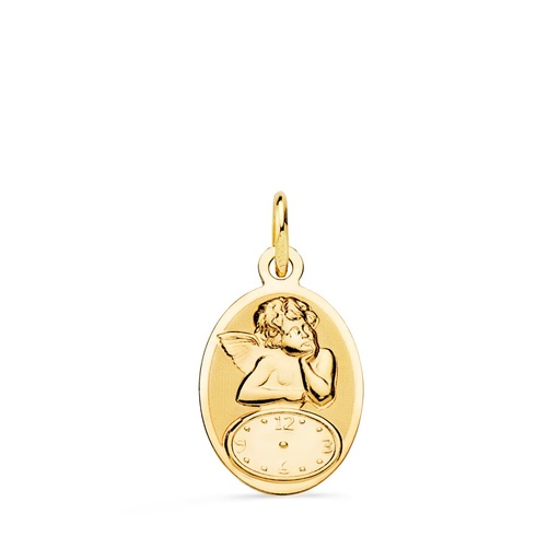 [PP9292-819] 18K MEDALLA OVAL ANGELITO BURLON CON RELOJ BRILLO Y MATE 19X12 MM