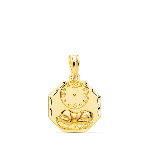 [PP9302-317] 18K MEDALLA OCTOGONAL NIÑO DE LA HORA CON RELOJ TALLADA 15X15 MM