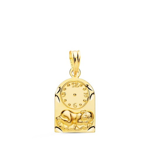 [PP9303-318] 18K MEDALLA ARCO NIÑO DE LA HORA CON RELOJ TALLADA 18X11 MM