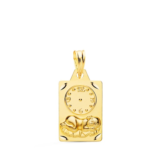 [PP9304-319] 18K MEDALLA RECTANGULO NIÑO DE LA HORA CON RELOJ TALLADA 19X11 MM
