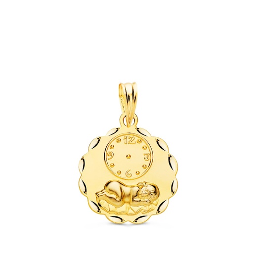 [PP9308-319] 18K MEDALLA REDONDA NIÑO DE LA HORA CON RELOJ TALLADA 16 MM