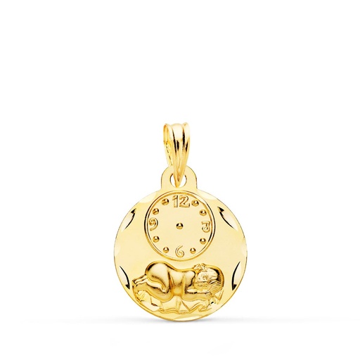 [PP9309-315] 18K MEDALLA REDONDA NIÑO DE LA HORA CON RELOJ TALLADA 15 MM
