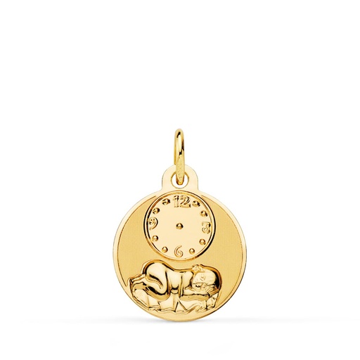 [PP9309-815] 18K MEDALLA REDONDA NIÑO DE LA HORA CON RELOJ BRILLO Y MATE 15 MM